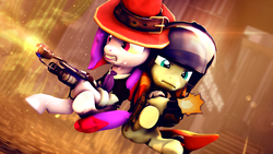 Size: 1280x720 | Tagged: safe, artist:sourcerabbit, oc, oc only, oc:film flick, oc:silent song, 3d, attack, cute, fire, flamethrower, frown, glare, gritted teeth, hat, helmet, pony fortress 2, pyro (tf2), solo, source filmmaker, team fortress 2, weapon, wizard hat