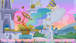 Size: 853x480 | Tagged: safe, screencap, princess celestia, g4, conspiracy, geocentric theory, meme, observation, text