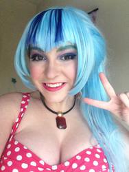 Size: 720x960 | Tagged: safe, artist:lochlan o'neil, sonata dusk, human, g4, cleavage, cosplay, female, irl, irl human, peace sign, photo