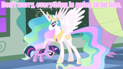 Size: 640x360 | Tagged: safe, princess celestia, twilight sparkle, g4, comforting, image macro, meme, pink text