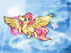 Size: 1400x1050 | Tagged: safe, artist:mysticalsketch, fluttershy, butterfly, g4, cloud, cloudy, cute, flying, sky