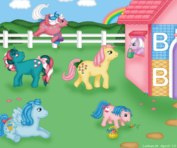 Size: 900x754 | Tagged: safe, artist:foreverrogue, baby blossom, baby milky way, blueberry baskets, fizzy, li'l cupcake, posey, earth pony, pegasus, pony, unicorn, g1, basket, bow, cloud, cloudy, easter, fence, grass, hill, lullabye nursery, rainbow, sky, tree