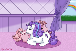 Size: 617x413 | Tagged: safe, artist:foreverrogue, baby glory, baby lickety-split, pony, g1, butt pillow, cute, duo, horses doing horse things, rainbow, sleeping