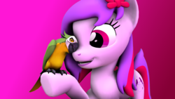 Size: 1024x576 | Tagged: safe, artist:fd-daylight, oc, oc only, oc:silent song, bird, parrot, 3d, cute, hug, ponysona, solo, source filmmaker