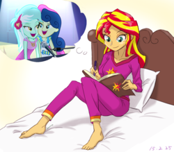 Size: 800x700 | Tagged: safe, artist:ta-na edits, bon bon, lyra heartstrings, sunset shimmer, sweetie drops, equestria girls, g4, my little pony equestria girls: rainbow rocks, barefoot, clothes, exploitable meme, feet, female, journey book, lesbian, meme, pajamas, ship:lyrabon, shipper on deck, shipping, sunset shipper, sunset's daydream