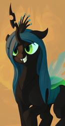 Size: 2357x4519 | Tagged: safe, artist:dimfann, queen chrysalis, changeling, changeling queen, g4, crown, fangs, female, grin, jewelry, regalia, smiling, smug, solo