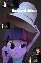 Size: 478x718 | Tagged: safe, artist:3d thread, artist:creatorofpony, twilight sparkle, equestria girls, g4, 3d, 3d model, atheism, blender, clothes, fedora, female, hat, meme, r/atheism, reddit, shirt, solo, stereotype, stylistic suck, tipping, tips fedora