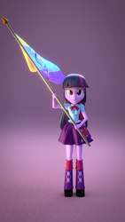 Size: 1080x1920 | Tagged: safe, artist:3d thread, artist:creatorofpony, twilight sparkle, equestria girls, g4, /mlp/, 3d, 3d model, 4chan cup, blender, boots, clothes, female, flag, flag of equestria, flag pole, looking at you, shirt, skirt, smiling, solo, standing, twilight sparkle (alicorn)