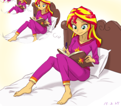 Size: 800x700 | Tagged: safe, artist:ta-na edits, sunset shimmer, equestria girls, g4, barefoot, clothes, droste effect, exploitable meme, feet, inception, journey book, meme, memeception, pajamas, recursion, sunset's daydream