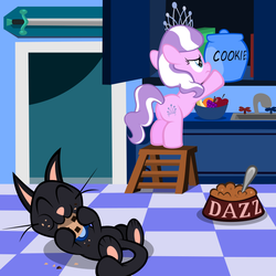 Size: 800x800 | Tagged: safe, artist:magerblutooth, diamond tiara, oc, oc:dazzle, cat, earth pony, pony, g4, butt, cookie, cookie jar, counter, female, filly, foal, fruit, kitchen, plot, sword