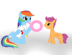 Size: 1013x788 | Tagged: safe, artist:raikuraikaze-chan, rainbow dash, scootaloo, g4, backwards cutie mark, blowing, floaty, inflation, inner tube, lifeguard, puffy cheeks, rainblow dash, rainbow dashs coaching whistle, whistle, whistle necklace