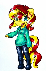 Size: 1200x1844 | Tagged: safe, artist:gummigator, sunset shimmer, unicorn, anthro, g4, chibi, clothes, cute, female, hoodie, mare, open mouth, pants, shimmerbetes, solo, traditional art