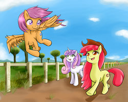 Size: 2212x1766 | Tagged: safe, artist:ryou14, apple bloom, applejack, big macintosh, scootaloo, sweetie belle, earth pony, pony, g4, cutie mark, cutie mark crusaders, male, older, scootaloo can fly, stallion