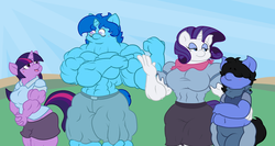 Size: 1200x640 | Tagged: safe, artist:glux2, rarity, twilight sparkle, oc, anthro, g4, chubby, muscles, ripped rarity, twilight muscle