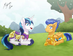 Size: 2786x2153 | Tagged: safe, artist:shinta-girl, flash sentry, shining armor, pegasus, pony, unicorn, g4, captain armor and guard sentry, duo, high res, male, open mouth, prone, stallion