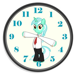 Size: 640x636 | Tagged: safe, artist:sslug, lyra heartstrings, pony, unicorn, g4, bipedal, clock, clothes, female, necktie, pants, shirt, smiling, solo