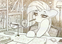Size: 2002x1417 | Tagged: safe, artist:sigpi, rarity, g4, book, bookshelf, chair, daydream, distracted, drawing, female, heart, lamp, monochrome, mouth hold, pencil, solo, tea, tired, working