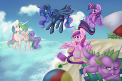 Size: 1350x900 | Tagged: safe, artist:partycannoninc, princess cadance, princess celestia, princess luna, spike, twilight sparkle, alicorn, pony, g4, alicorn tetrarchy, beach, female, mare, twilight sparkle (alicorn)