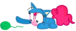 Size: 608x253 | Tagged: safe, artist:mr-degration, pinkie pie, g4, animal costume, behaving like a cat, cat costume, clothes, cute, female, happy, kitty suit, lying, lying down, pinkie cat, playing, smiling, solo, toy, yarn