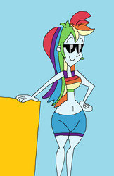 Size: 989x1529 | Tagged: safe, artist:hunterxcolleen, rainbow dash, equestria girls, g4, belly button, bikini top, clothes, humanized, shorts, stone wall, sunglasses, swimsuit