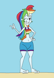 Size: 1201x1745 | Tagged: safe, artist:hunterxcolleen, rainbow dash, equestria girls, g4, beach, belly button, bikini top, clothes, feet, humanized, shorts, smiling, stylistic suck, swimsuit, wink