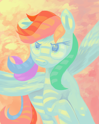 Size: 3072x3856 | Tagged: safe, artist:dimfann, rainbow dash, pegasus, pony, g4, dappled sunlight, female, flying, high res, mare, sky, smiling, solo, spread wings, wings