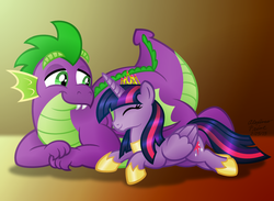 Size: 2500x1833 | Tagged: safe, artist:aleximusprime, spike, twilight sparkle, alicorn, pony, g4, big boys, chubby, eyes closed, fat spike, female, larger male, lying down, mare, older, older spike, physique difference, princess shoes, prone, size difference, smaller female, snuggling, spikelove, twilight sparkle (alicorn)