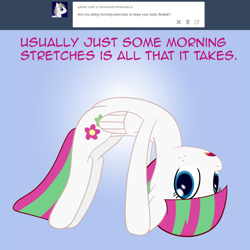 Size: 1024x1024 | Tagged: safe, artist:joey, blossomforth, pegasus, pony, g4, ask, backbend, blossomforth answers, bridge stretch, female, flexible, solo, that pony sure is flexible, tumblr
