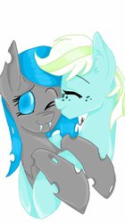 Size: 1024x1826 | Tagged: safe, artist:anglafireflare, oc, oc only, oc:dizzy dreamer, oc:dizzy feather, changeling, earth pony, pony, cute, eyes closed, female, freckles, hug, kissing, male, smiling, stallion