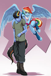 Size: 1400x2100 | Tagged: safe, artist:mykegreywolf, rainbow dash, oc, oc:solar chaser, anthro, unguligrade anthro, g4, anthro oc, armpits, canon x oc