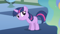 Size: 1366x768 | Tagged: safe, screencap, princess celestia, twilight sparkle, pony, unicorn, g4, the cutie mark chronicles, cute, female, filly, foal, frown, looking up, princess celestia's hair, solo focus, unicorn twilight, worried, younger