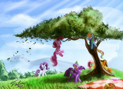 Size: 900x651 | Tagged: safe, artist:tsitra360, applejack, fluttershy, pinkie pie, rainbow dash, rarity, spike, twilight sparkle, alicorn, dragon, earth pony, pegasus, pony, unicorn, g4, female, male, mane seven, mane six, mare, picnic, scenery, tree, twilight sparkle (alicorn)