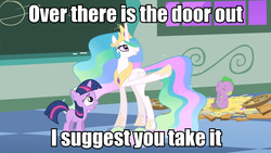 Size: 960x540 | Tagged: safe, edit, edited screencap, screencap, princess celestia, spike, twilight sparkle, alicorn, dragon, pony, unicorn, g4, the cutie mark chronicles, baby, baby dragon, ethereal mane, female, filly, filly twilight sparkle, gtfo, image macro, mare, meme, raised hoof, younger