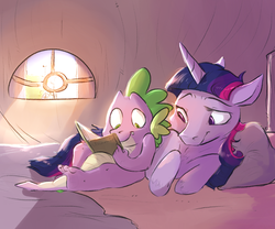 Size: 1280x1065 | Tagged: safe, artist:imsokyo, spike, twilight sparkle, dragon, pony, unicorn, daily life of spike, g4, bed, book, cute, duo, female, male, mare, pony pillow, reading, smiling, spikabetes, tumblr, twiabetes, window