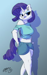 Size: 915x1467 | Tagged: safe, artist:093, rarity, anthro, g4, bedroom eyes, belly button, breasts, clothes, ear fluff, female, fluffy, midriff, shorts, smiling, solo