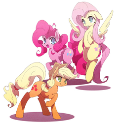 Size: 1000x1021 | Tagged: safe, artist:kolshica, applejack, fluttershy, pinkie pie, g4, looking at you, open mouth, raised hoof, smiling