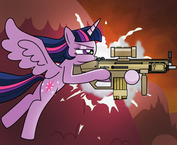 Size: 2200x1800 | Tagged: safe, artist:tuffylive, twilight sparkle, alicorn, pony, g4, female, gun, mare, scar-h, solo, twilight sparkle (alicorn), twilight vs tirek