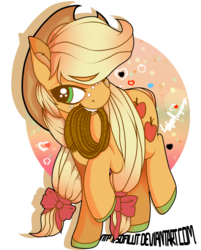 Size: 1024x1271 | Tagged: safe, artist:sofilut, applejack, g4, clothes, female, freckles, hair bow, hat, mouth hold, rope, shoes, simple background, solo, transparent background