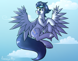 Size: 2875x2279 | Tagged: safe, artist:noxy, artist:whitepone, soarin', pegasus, pony, g4, flying, goggles, high res, male, smirk, solo, stallion, underhoof