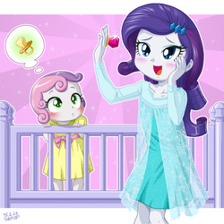 Size: 1000x1000 | Tagged: safe, artist:uotapo, rarity, sweetie belle, human, equestria girls, g4, beautiful, blushing, clothes, cosplay, costume, crib, cute, diasweetes, dress, elsa, female, frozen (movie), pacifier, queen elsarity, ring, ringpop, siblings, sisters, toddler, uotapo is trying to murder us, younger