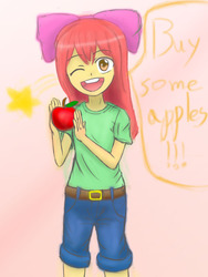 Size: 850x1133 | Tagged: safe, artist:jumboz95, apple bloom, equestria girls, g4, apple, buy some apples, female, solo, wink