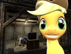 Size: 900x675 | Tagged: safe, applejack, g4, 3d, basement, couch, crossover, drink, engineer, engineer (tf2), gmod, sleepy, smiling, team fortress 2, television