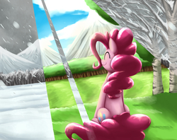 Size: 3583x2836 | Tagged: safe, artist:otakuap, pinkie pie, earth pony, pony, g4, crepuscular rays, eyes closed, female, high res, sitting, smiling, snow, snowfall, solo, summer, sunlight, winter