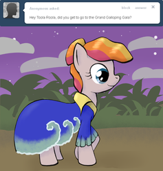 Size: 650x687 | Tagged: safe, artist:ambrosebuttercrust, toola-roola, earth pony, pony, ask toola roola, g3, g4, ask, clothes, dress, female, g3 to g4, gala dress, generation leap, mare, solo, tumblr