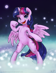 Size: 975x1275 | Tagged: safe, artist:kp-shadowsquirrel, part of a set, twilight sparkle, alicorn, pony, semi-anthro, armpits, belly, belly button, bipedal, both cutie marks, female, human shoulders, humanoid torso, looking at you, open mouth, pointing, solo, twilight sparkle (alicorn), underhoof, wings