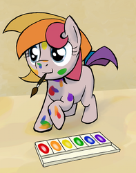 Size: 800x1017 | Tagged: safe, artist:ambrosebuttercrust, toola-roola, earth pony, pony, ask toola roola, g3, g4, ask, female, filly, g3 to g4, g3betes, generation leap, mare, mouth hold, paint, paint on fur, paintbrush, solo, tumblr, younger