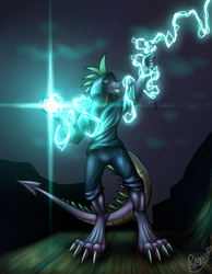 Size: 2131x2741 | Tagged: safe, artist:reaper3d, spike, anthro, friendship is witchcraft, g4, clothes, glowing hands, high res, hoodie, lightning, male, older, older spike, solo
