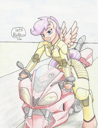 Size: 1244x1620 | Tagged: safe, artist:flicker-show, scootaloo, anthro, unguligrade anthro, g4, arm hooves, dialogue, female, motorcycle, older, solo, traditional art