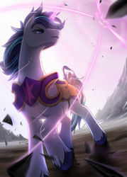 Size: 644x900 | Tagged: safe, artist:aymint, shining armor, pony, unicorn, g4, aura, badass, epic, magic, majestic, male, raised hoof, shield, solo, stallion