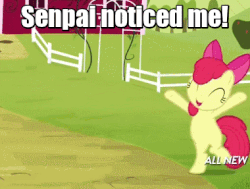 Size: 380x287 | Tagged: safe, screencap, apple bloom, g4, somepony to watch over me, adorabloom, animated, apple bloom's bow, bow, cute, female, image macro, meme, senpai, senpai noticed me, squishy cheeks